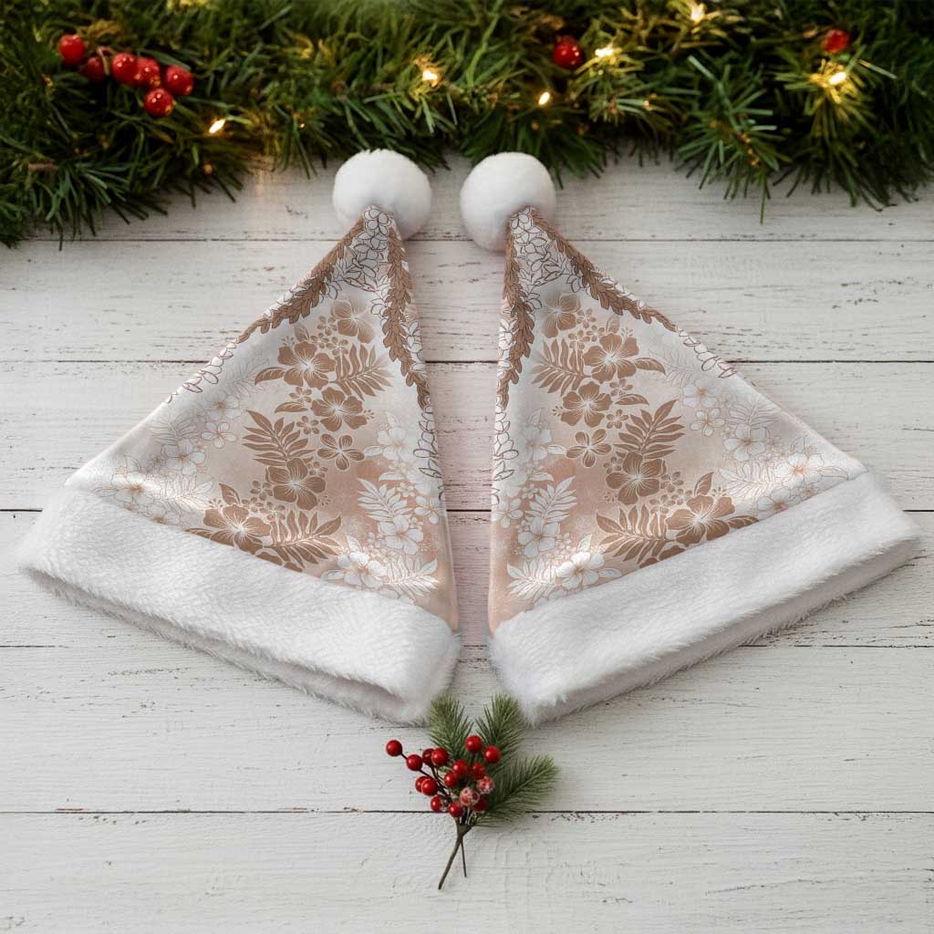 Aloha Hawaii Palaka Christmas Santa Hat Beige Plumeria Lei - Polynesian Pride