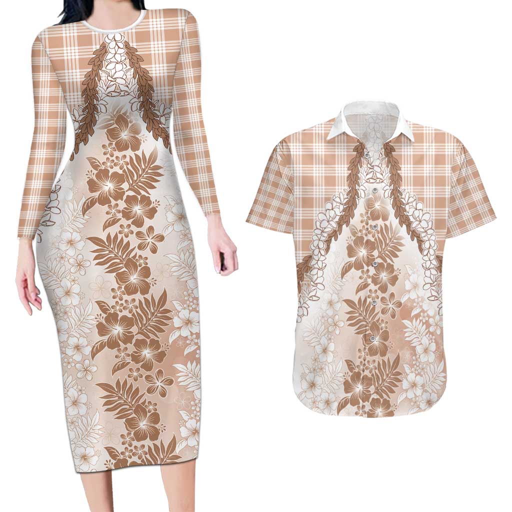 Aloha Hawaii Palaka Couples Matching Long Sleeve Bodycon Dress and Hawaiian Shirt Beige Plumeria Lei - Polynesian Pride
