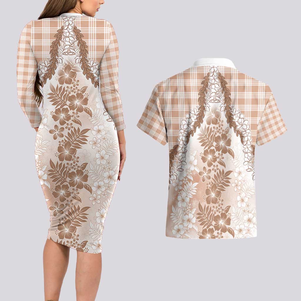 Aloha Hawaii Palaka Couples Matching Long Sleeve Bodycon Dress and Hawaiian Shirt Beige Plumeria Lei - Polynesian Pride
