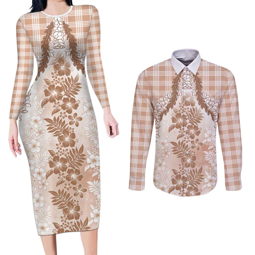 Aloha Hawaii Palaka Couples Matching Long Sleeve Bodycon Dress and Long Sleeve Button Shirt Beige Plumeria Lei - Polynesian Pride