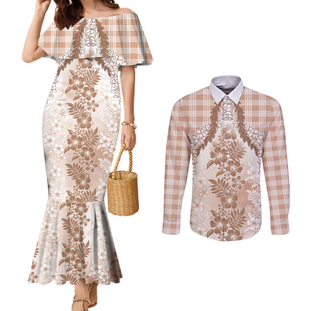 Aloha Hawaii Palaka Couples Matching Mermaid Dress and Long Sleeve Button Shirt Beige Plumeria Lei - Polynesian Pride