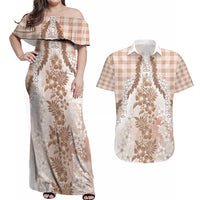 Aloha Hawaii Palaka Couples Matching Off Shoulder Maxi Dress and Hawaiian Shirt Beige Plumeria Lei - Polynesian Pride