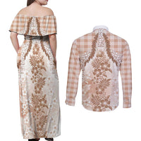Aloha Hawaii Palaka Couples Matching Off Shoulder Maxi Dress and Long Sleeve Button Shirt Beige Plumeria Lei - Polynesian Pride