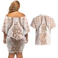 Aloha Hawaii Palaka Couples Matching Off Shoulder Short Dress and Hawaiian Shirt Beige Plumeria Lei - Polynesian Pride