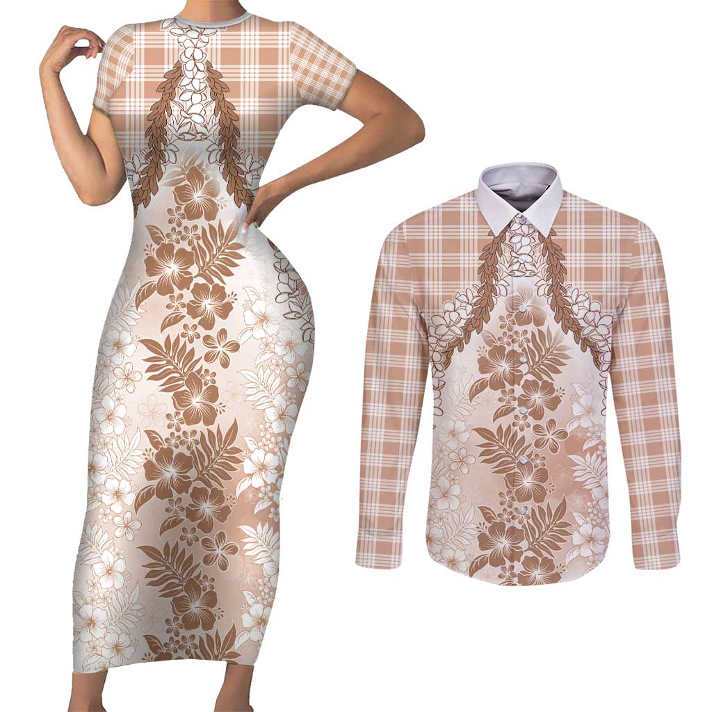 Aloha Hawaii Palaka Couples Matching Short Sleeve Bodycon Dress and Long Sleeve Button Shirt Beige Plumeria Lei - Polynesian Pride