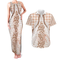 Aloha Hawaii Palaka Couples Matching Tank Maxi Dress and Hawaiian Shirt Beige Plumeria Lei - Polynesian Pride