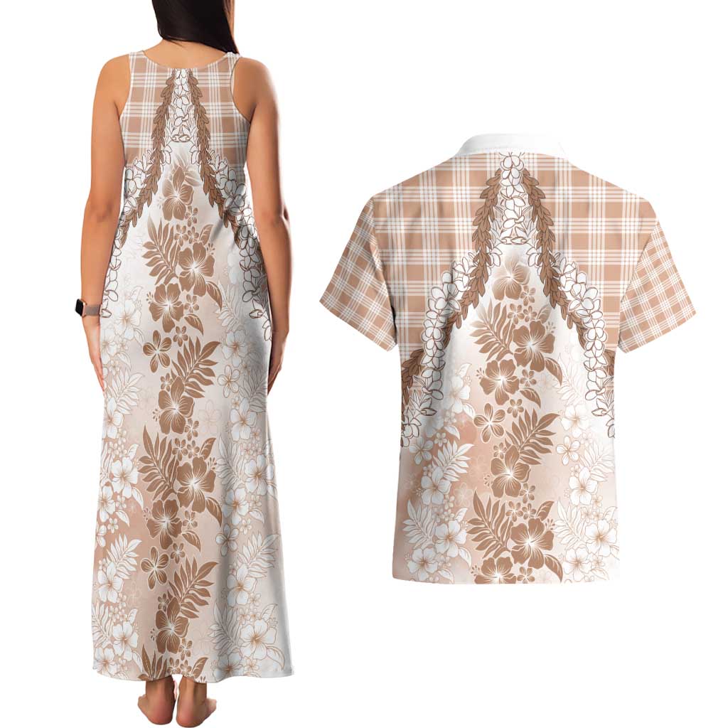 Aloha Hawaii Palaka Couples Matching Tank Maxi Dress and Hawaiian Shirt Beige Plumeria Lei - Polynesian Pride
