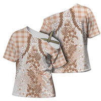 Aloha Hawaii Palaka Cross Shoulder Shirt Beige Plumeria Lei - Polynesian Pride