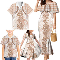 Aloha Hawaii Palaka Family Matching Mermaid Dress and Hawaiian Shirt Beige Plumeria Lei - Polynesian Pride