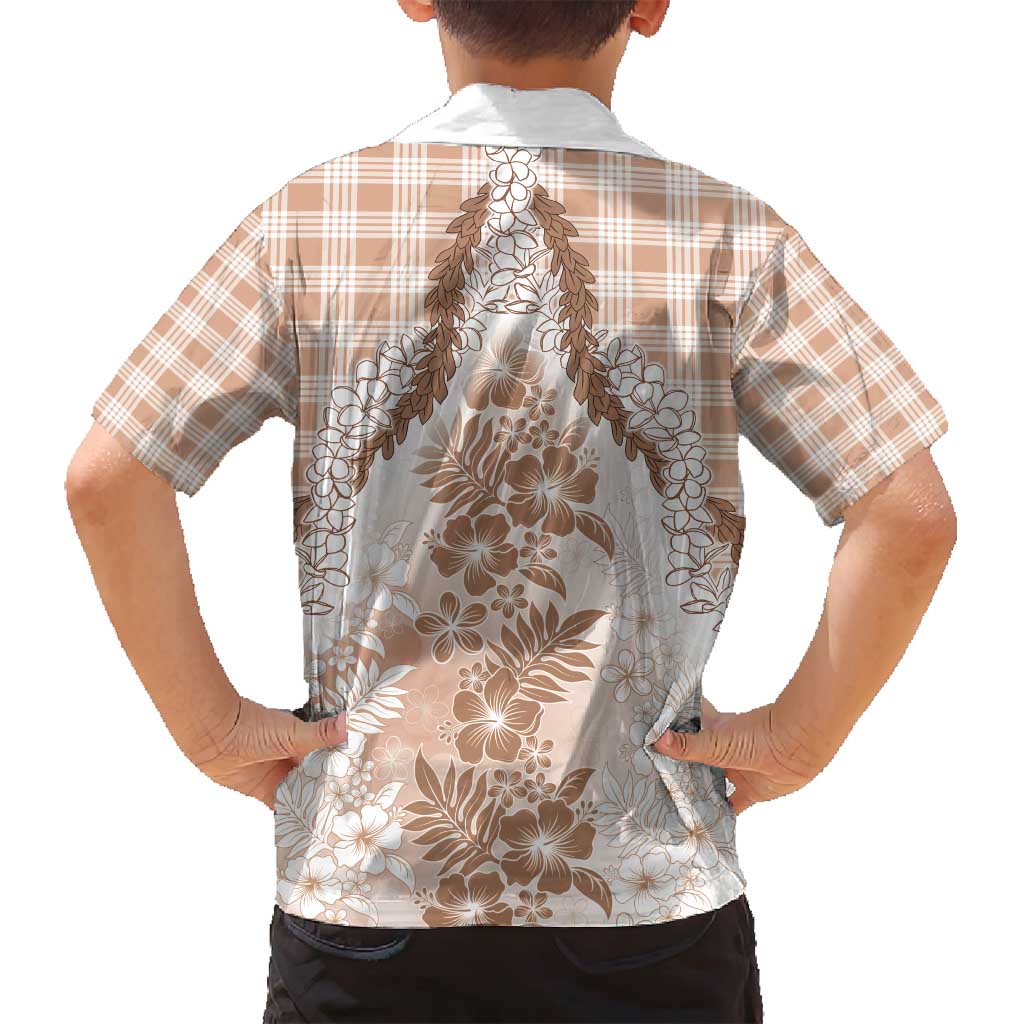 Aloha Hawaii Palaka Family Matching Off Shoulder Short Dress and Hawaiian Shirt Beige Plumeria Lei - Polynesian Pride