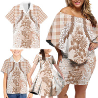 Aloha Hawaii Palaka Family Matching Off Shoulder Short Dress and Hawaiian Shirt Beige Plumeria Lei - Polynesian Pride