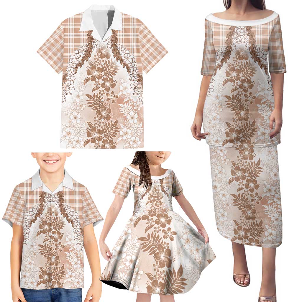 Aloha Hawaii Palaka Family Matching Puletasi and Hawaiian Shirt Beige Plumeria Lei - Polynesian Pride