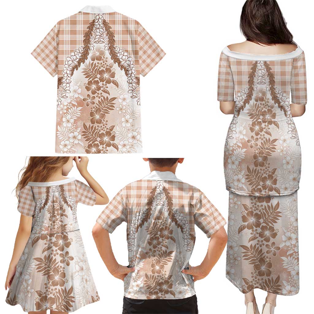 Aloha Hawaii Palaka Family Matching Puletasi and Hawaiian Shirt Beige Plumeria Lei - Polynesian Pride