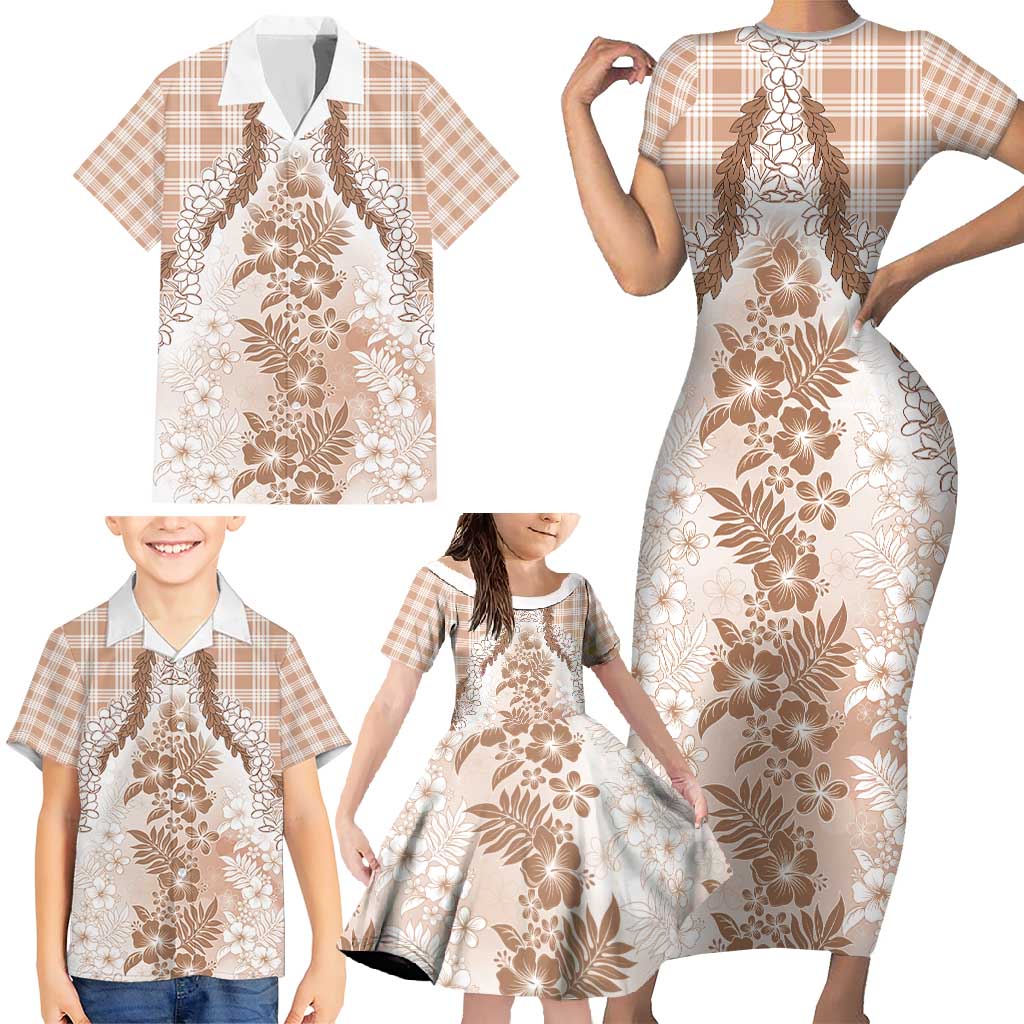 Aloha Hawaii Palaka Family Matching Short Sleeve Bodycon Dress and Hawaiian Shirt Beige Plumeria Lei - Polynesian Pride