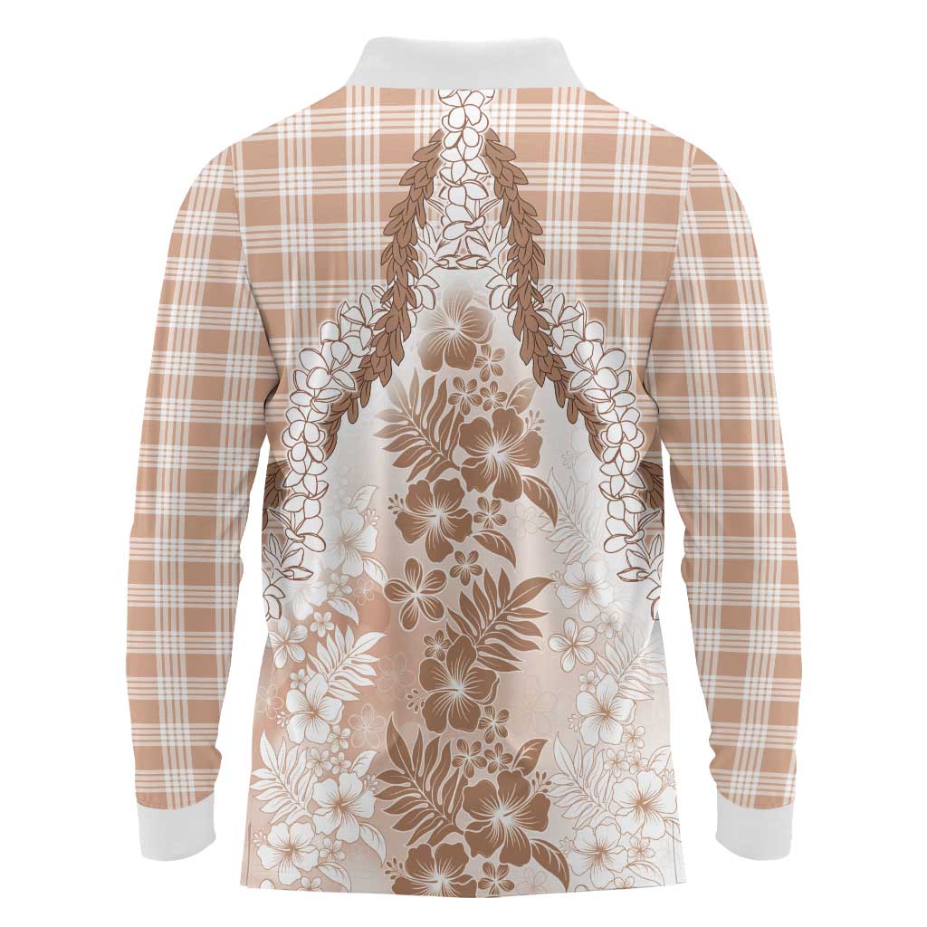 Aloha Hawaii Palaka Long Sleeve Polo Shirt Beige Plumeria Lei - Polynesian Pride