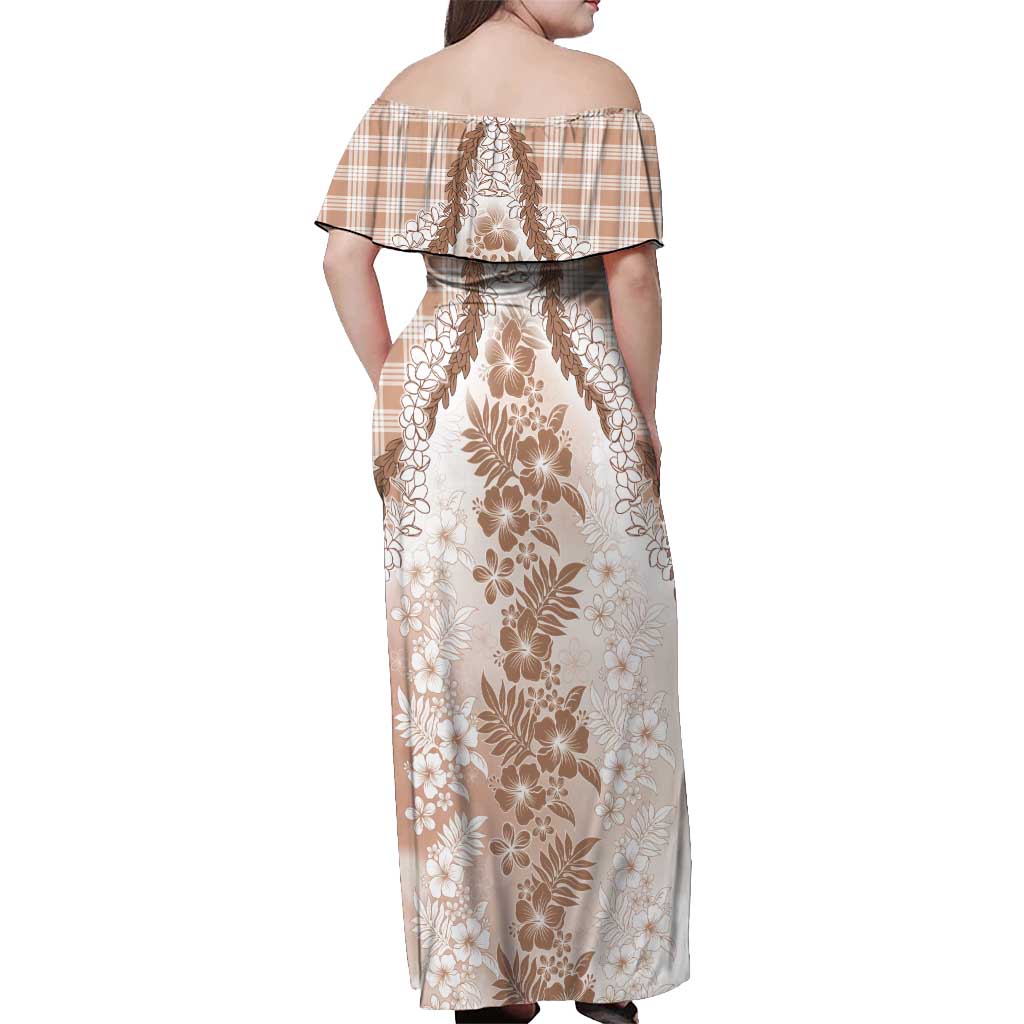 Aloha Hawaii Palaka Off Shoulder Maxi Dress Beige Plumeria Lei - Polynesian Pride