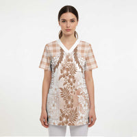 Aloha Hawaii Palaka Scrub Top Beige Plumeria Lei - Polynesian Pride