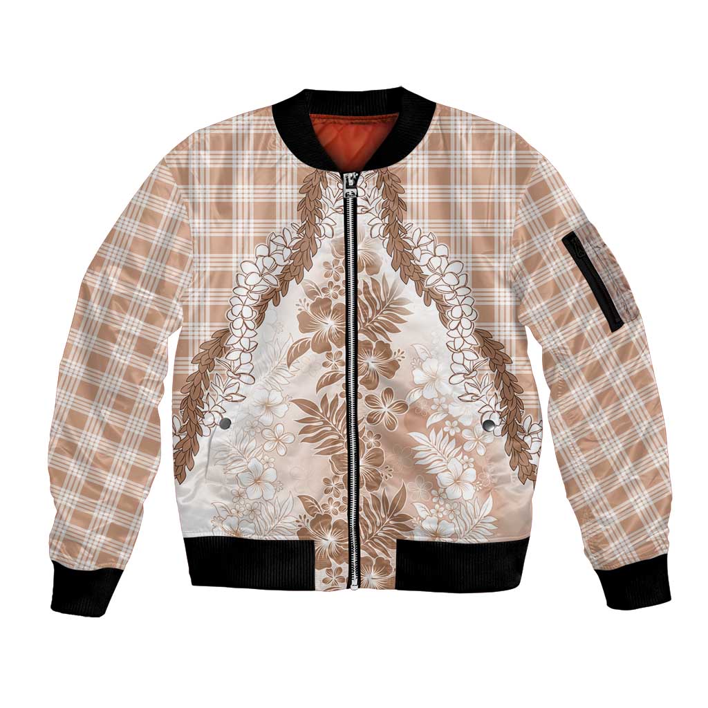 Aloha Hawaii Palaka Sleeve Zip Bomber Jacket Beige Plumeria Lei - Polynesian Pride