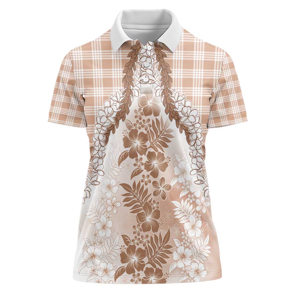 Aloha Hawaii Palaka Women Polo Shirt Beige Plumeria Lei - Polynesian Pride
