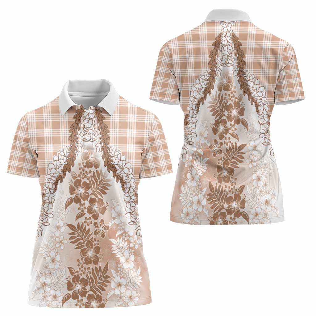 Aloha Hawaii Palaka Women Polo Shirt Beige Plumeria Lei - Polynesian Pride