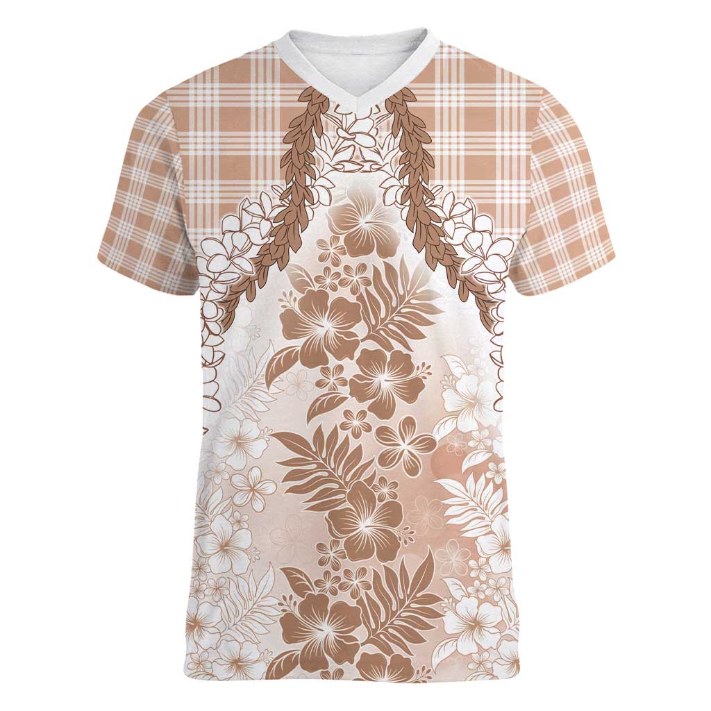 Aloha Hawaii Palaka Women V-Neck T-Shirt Beige Plumeria Lei - Polynesian Pride