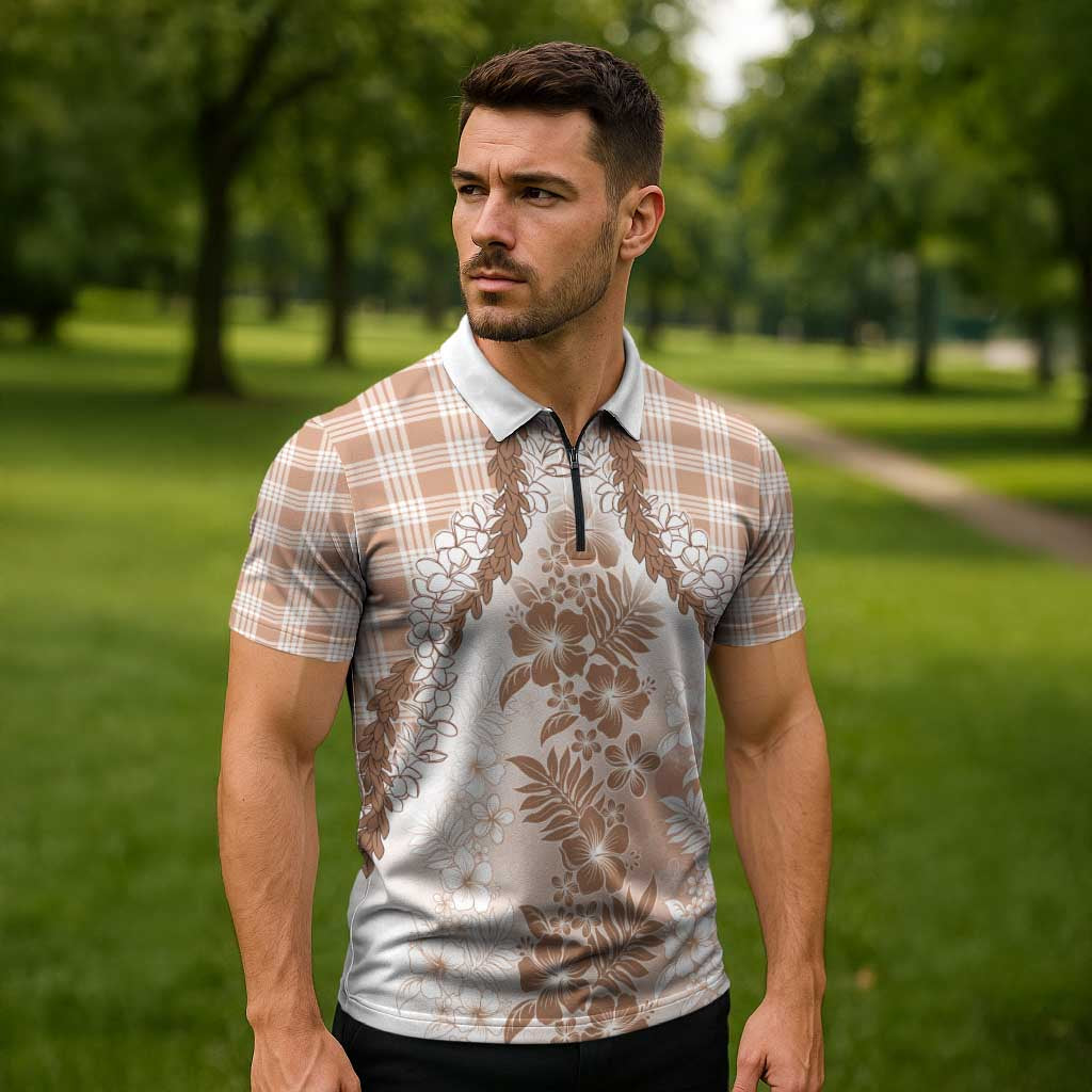 Aloha Hawaii Palaka Zipper Polo Shirt Beige Plumeria Lei - Polynesian Pride