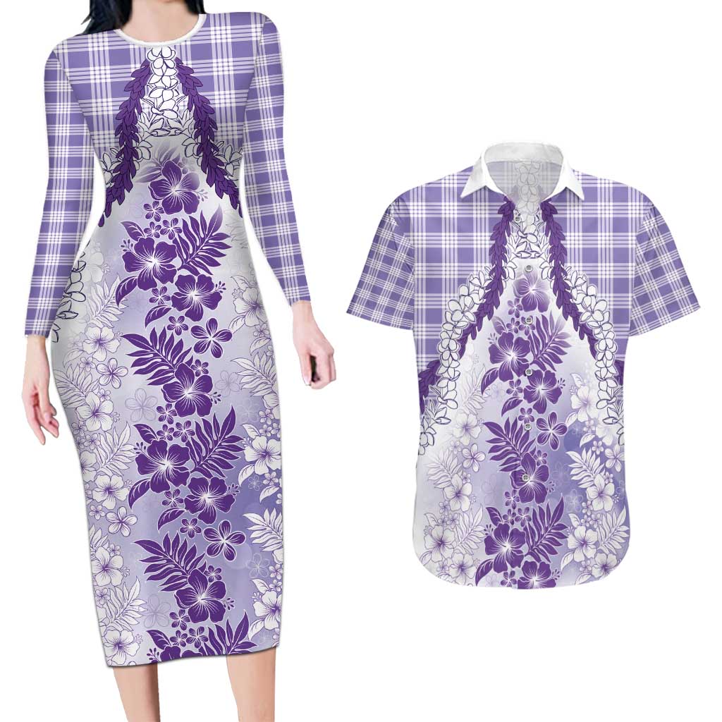 Aloha Hawaii Palaka Couples Matching Long Sleeve Bodycon Dress and Hawaiian Shirt Purple Plumeria Lei - Polynesian Pride