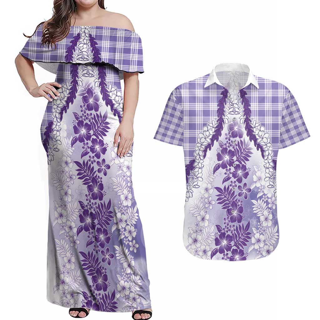 Aloha Hawaii Palaka Couples Matching Off Shoulder Maxi Dress and Hawaiian Shirt Purple Plumeria Lei - Polynesian Pride