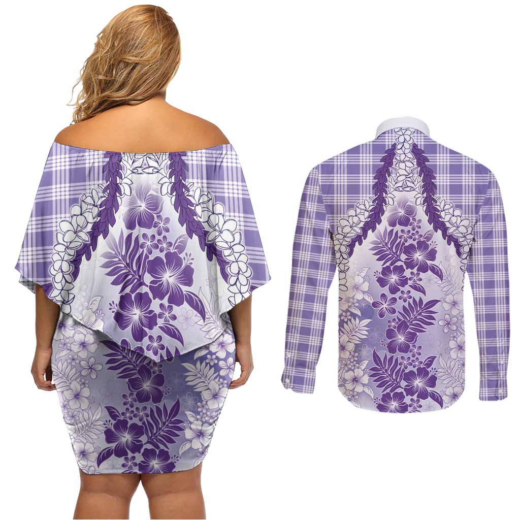 Aloha Hawaii Palaka Couples Matching Off Shoulder Short Dress and Long Sleeve Button Shirt Purple Plumeria Lei - Polynesian Pride