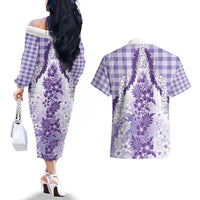Aloha Hawaii Palaka Couples Matching Off The Shoulder Long Sleeve Dress and Hawaiian Shirt Purple Plumeria Lei - Polynesian Pride