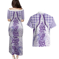 Aloha Hawaii Palaka Couples Matching Puletasi and Hawaiian Shirt Purple Plumeria Lei - Polynesian Pride