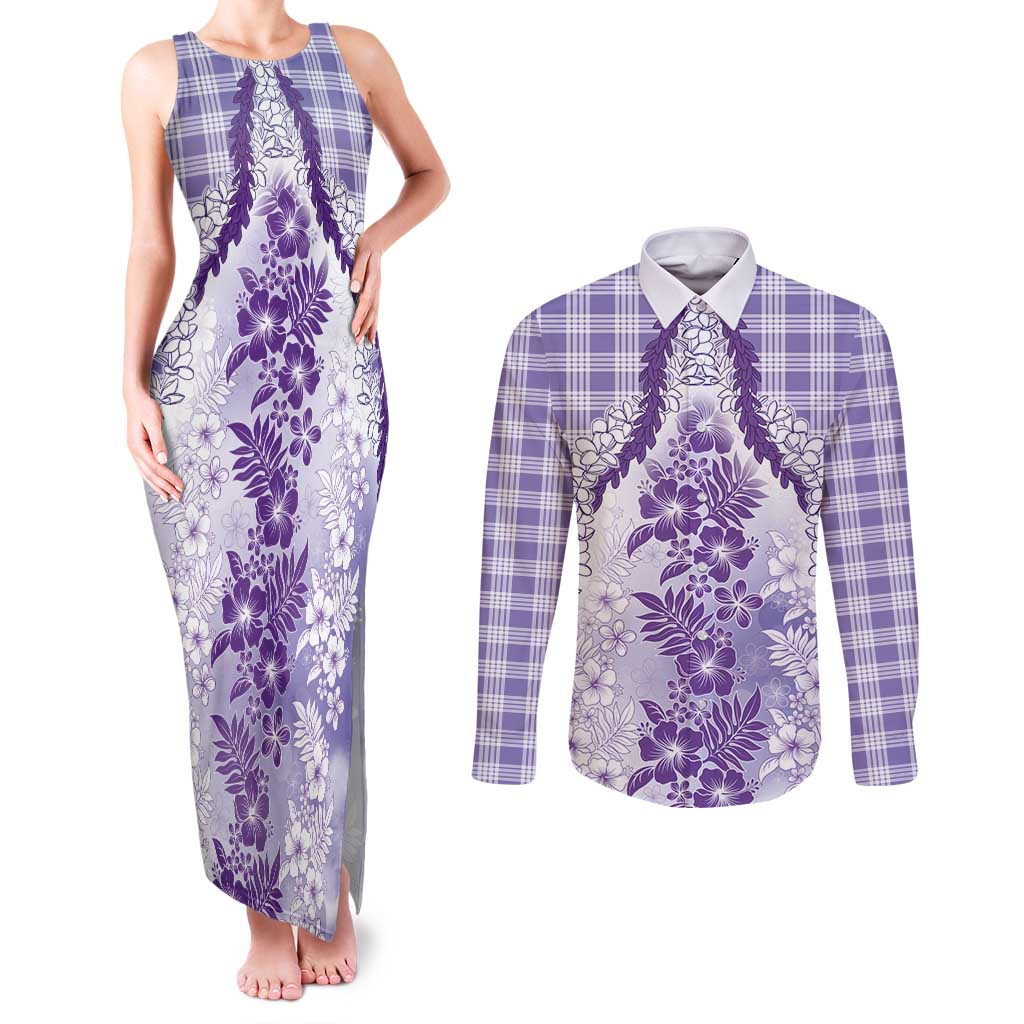 Aloha Hawaii Palaka Couples Matching Tank Maxi Dress and Long Sleeve Button Shirt Purple Plumeria Lei - Polynesian Pride