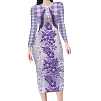 Aloha Hawaii Palaka Family Matching Long Sleeve Bodycon Dress and Hawaiian Shirt Purple Plumeria Lei - Polynesian Pride
