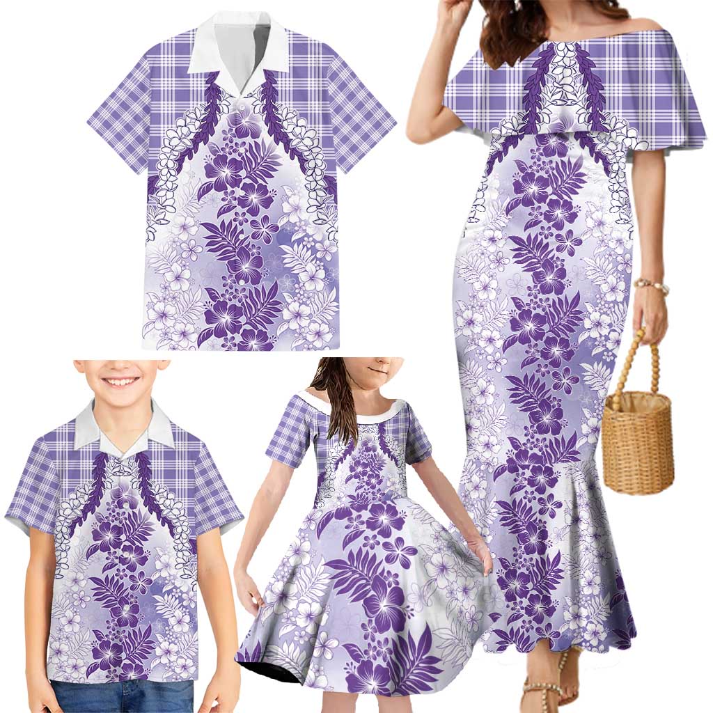 Aloha Hawaii Palaka Family Matching Mermaid Dress and Hawaiian Shirt Purple Plumeria Lei - Polynesian Pride