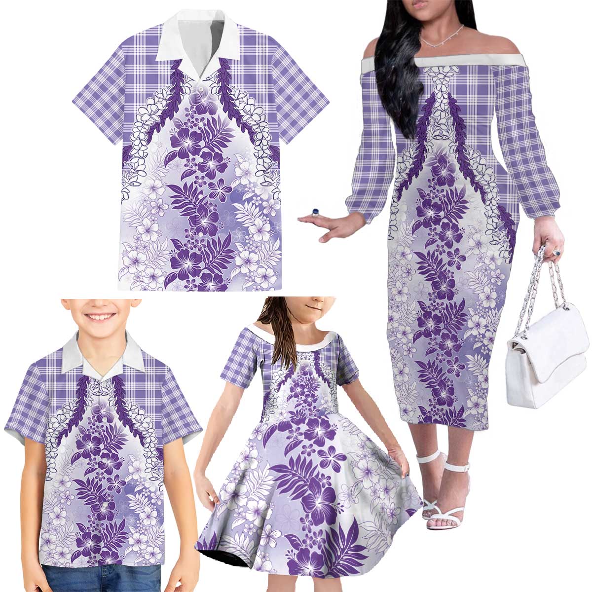 Aloha Hawaii Palaka Family Matching Off The Shoulder Long Sleeve Dress and Hawaiian Shirt Purple Plumeria Lei - Polynesian Pride