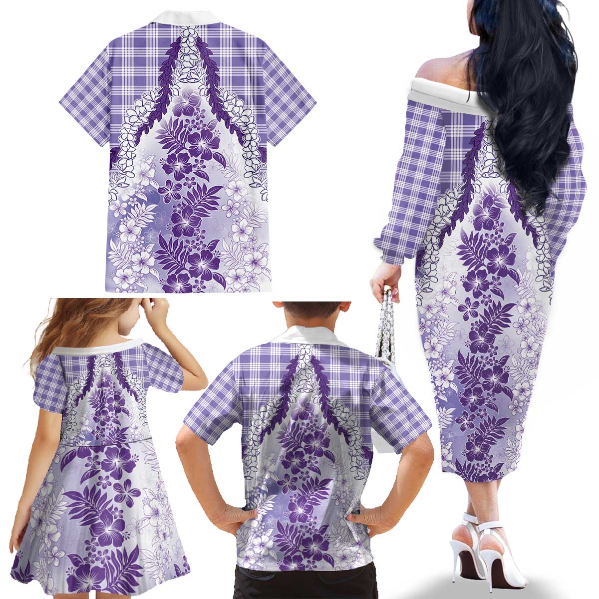 Aloha Hawaii Palaka Family Matching Off The Shoulder Long Sleeve Dress and Hawaiian Shirt Purple Plumeria Lei - Polynesian Pride