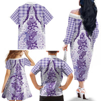 Aloha Hawaii Palaka Family Matching Off The Shoulder Long Sleeve Dress and Hawaiian Shirt Purple Plumeria Lei - Polynesian Pride
