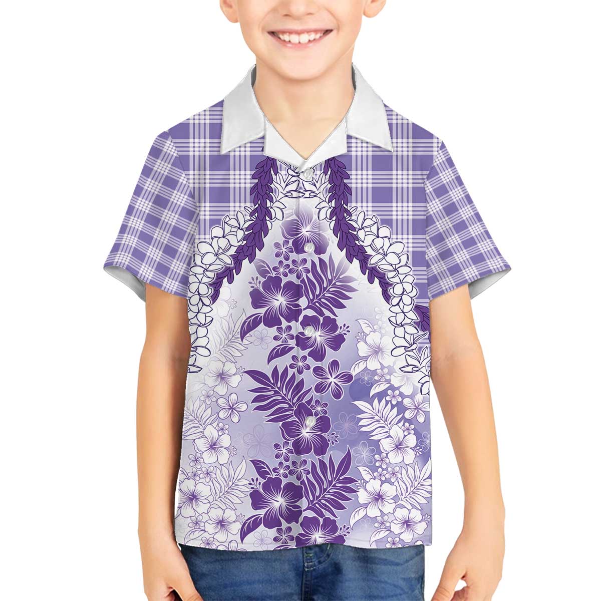 Aloha Hawaii Palaka Family Matching Off The Shoulder Long Sleeve Dress and Hawaiian Shirt Purple Plumeria Lei - Polynesian Pride