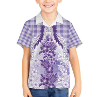 Aloha Hawaii Palaka Family Matching Off The Shoulder Long Sleeve Dress and Hawaiian Shirt Purple Plumeria Lei - Polynesian Pride