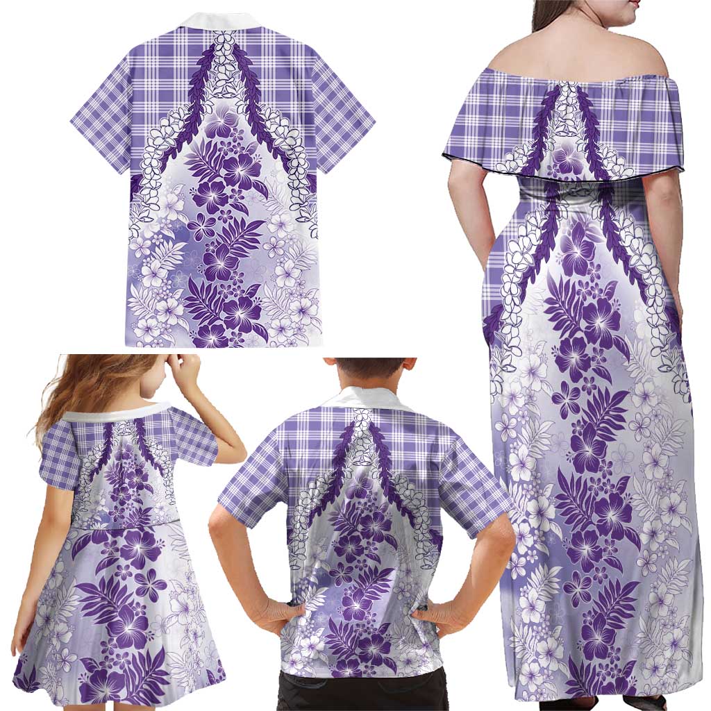 Aloha Hawaii Palaka Family Matching Off Shoulder Maxi Dress and Hawaiian Shirt Purple Plumeria Lei - Polynesian Pride
