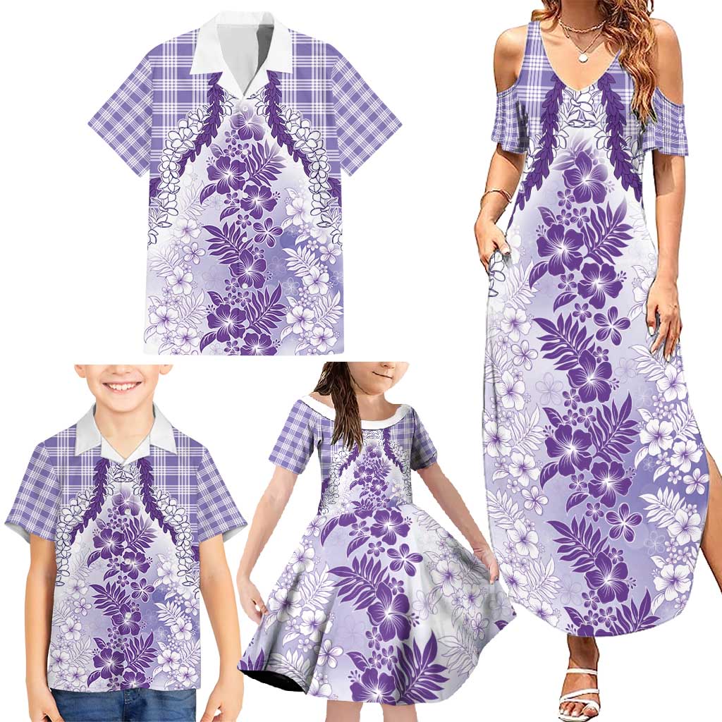 Aloha Hawaii Palaka Family Matching Summer Maxi Dress and Hawaiian Shirt Purple Plumeria Lei - Polynesian Pride