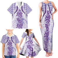 Aloha Hawaii Palaka Family Matching Tank Maxi Dress and Hawaiian Shirt Purple Plumeria Lei - Polynesian Pride