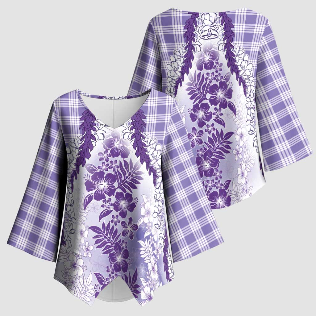 Aloha Hawaii Palaka Kimono Sleeve Blouse Purple Plumeria Lei - Polynesian Pride