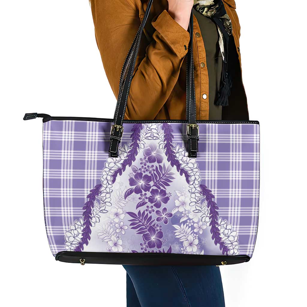 Aloha Hawaii Palaka Leather Tote Bag Purple Plumeria Lei - Polynesian Pride