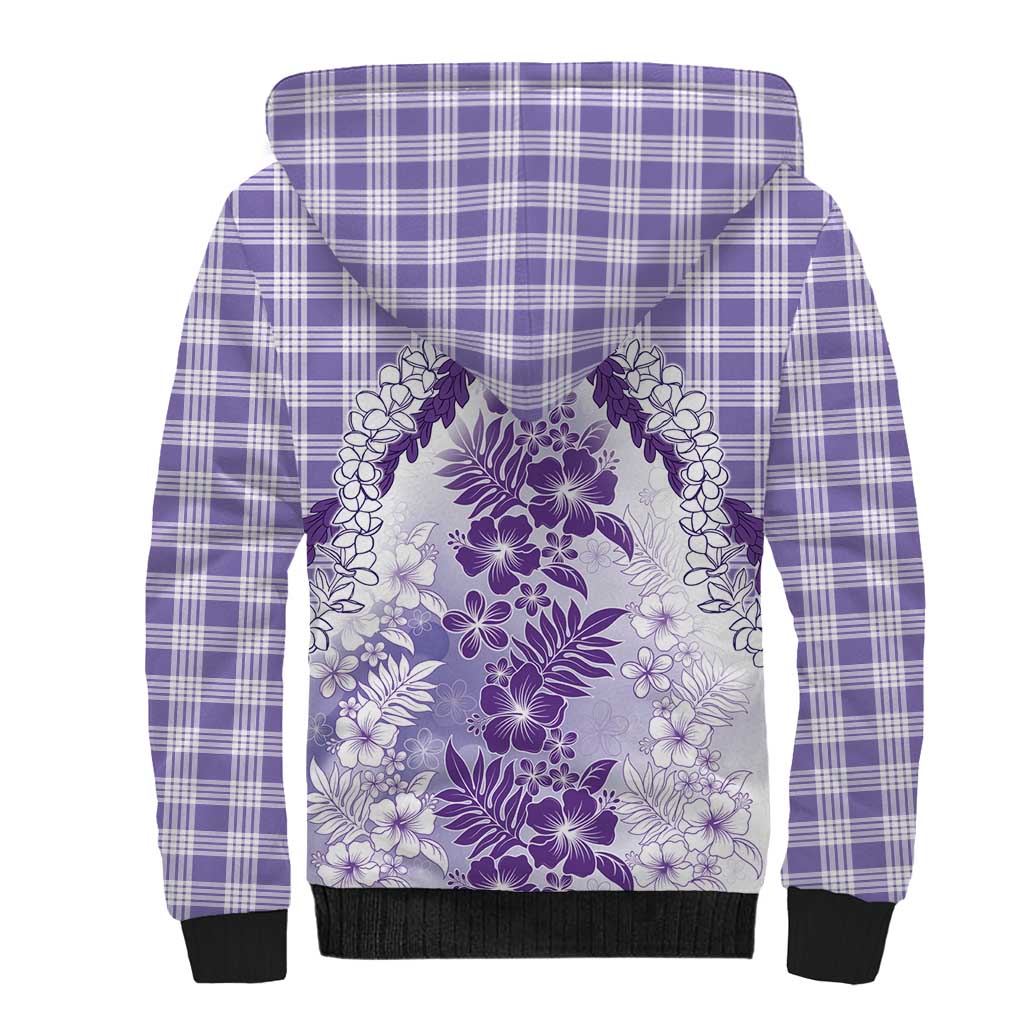 Aloha Hawaii Palaka Sherpa Hoodie Purple Plumeria Lei - Polynesian Pride