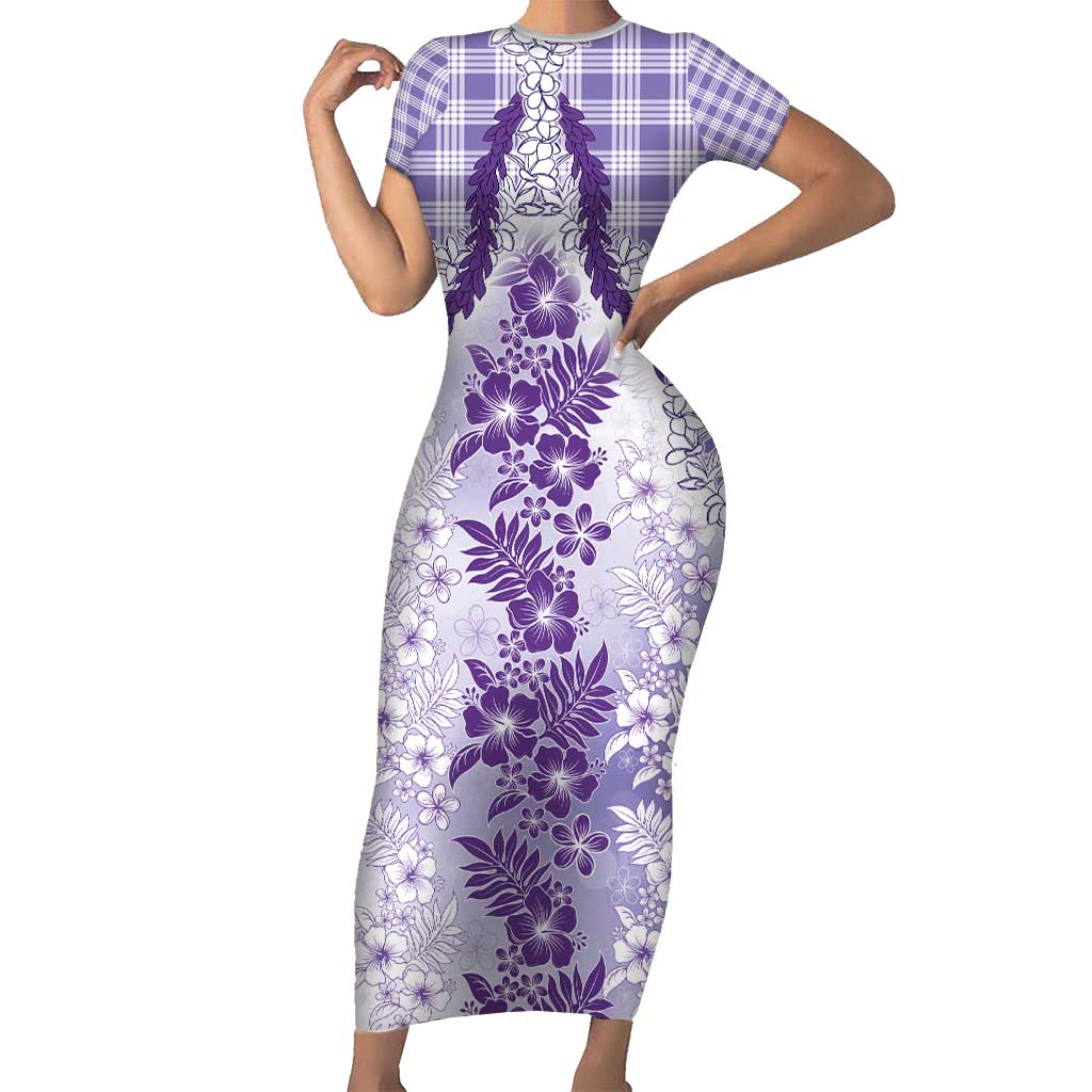 Aloha Hawaii Palaka Short Sleeve Bodycon Dress Purple Plumeria Lei - Polynesian Pride