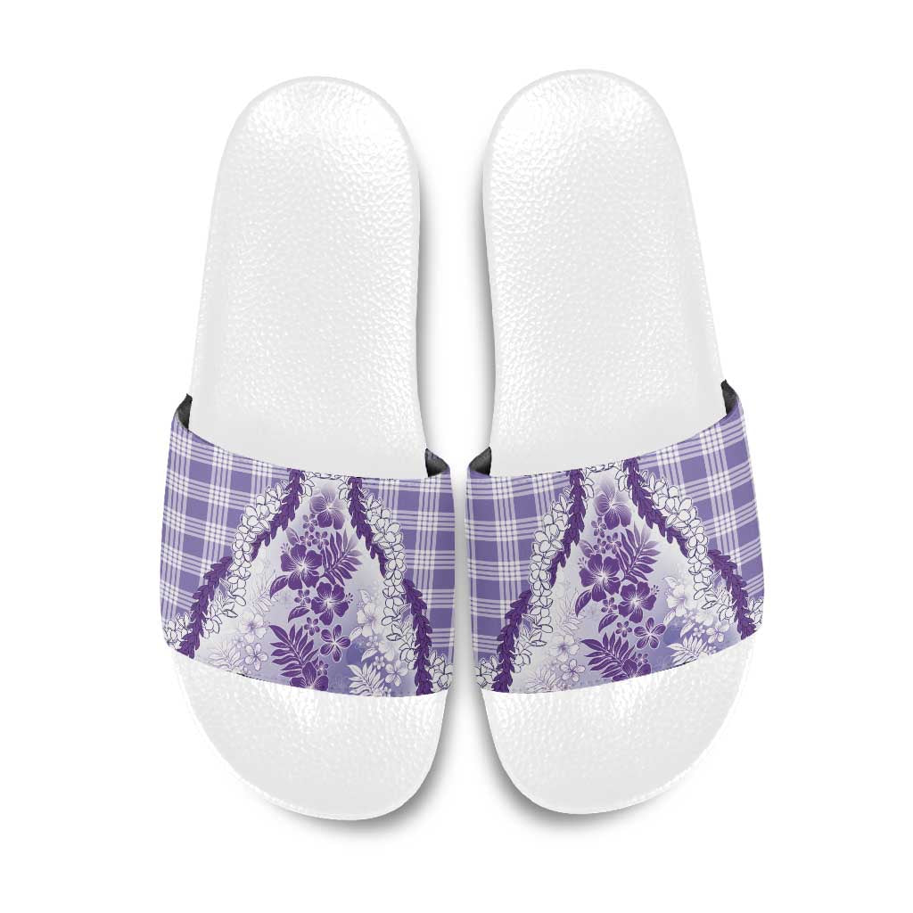 Aloha Hawaii Palaka Slide Sandals Purple Plumeria Lei - Polynesian Pride