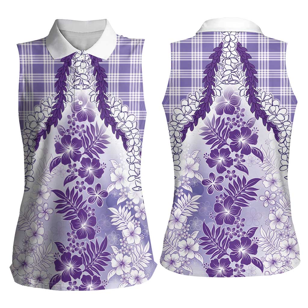 Aloha Hawaii Palaka Women Sleeveless Polo Shirt Purple Plumeria Lei - Polynesian Pride