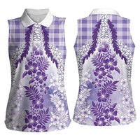 Aloha Hawaii Palaka Women Sleeveless Polo Shirt Purple Plumeria Lei - Polynesian Pride