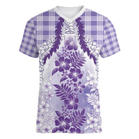 Aloha Hawaii Palaka Women V-Neck T-Shirt Purple Plumeria Lei - Polynesian Pride